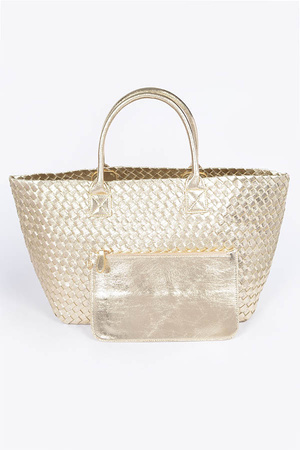 Metallic Faux Leather Braided Tote Bag