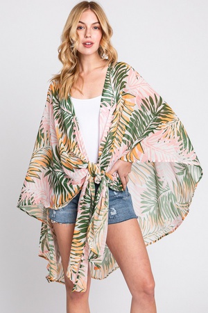 TROPICAL LEAVES PRINT SHAWL COVER-UP
