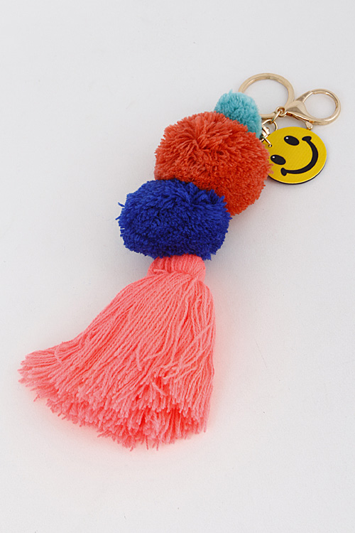 71801006 Happy Face with Tassel and Puff Balls Keychain 7DCG3 - Key Chains