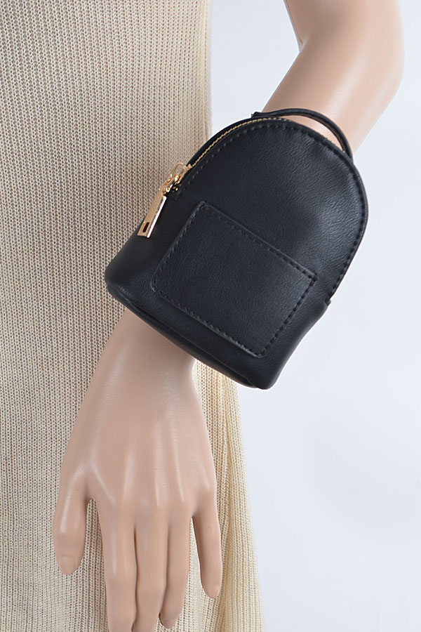 black leather clutch bag with wrist strap