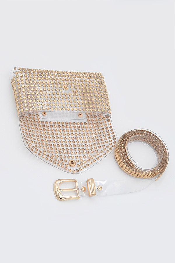 PB7747 CLEAR GOLD Studded Translucent Belt With Pouch. - Fanny Pack