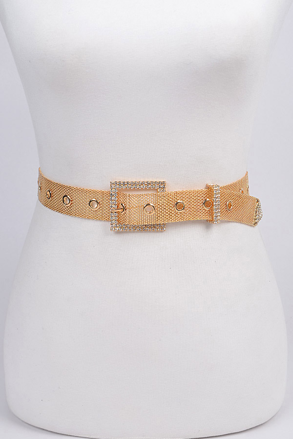 PB7790 GOLD Rhinestone Square Buckle Sneak Skin Belt - Fashion Belts