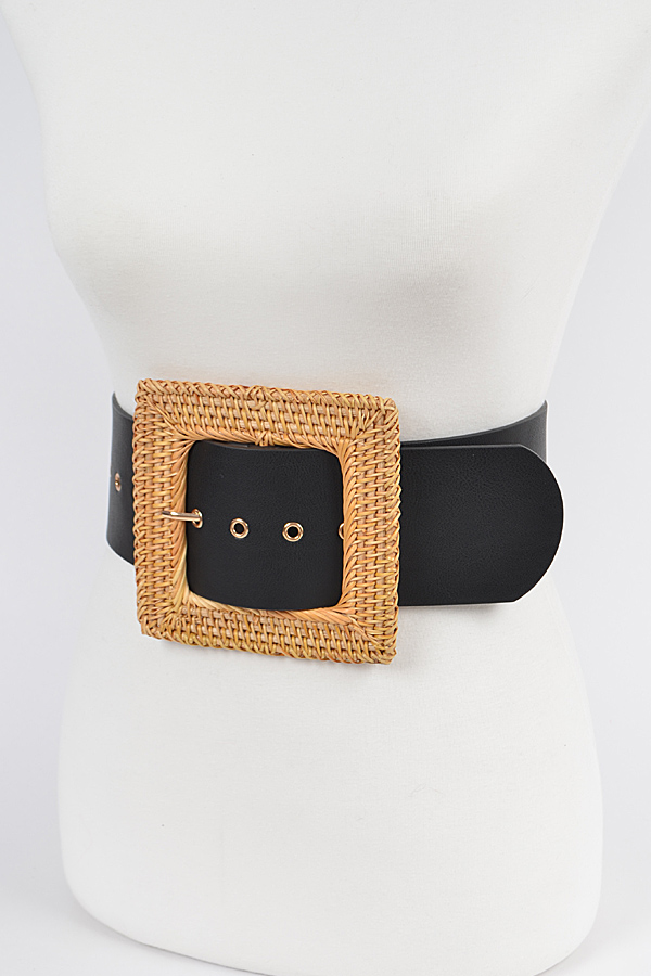 PB7929 BLACK Oversized Bamboo Buckle Waist Belt - Fashion Belts