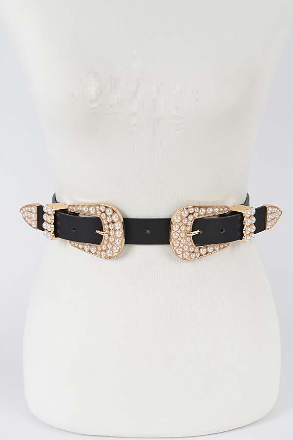 PB7970 BLACK Two Pearl Buckle Waist Belt. - Fashion Belts