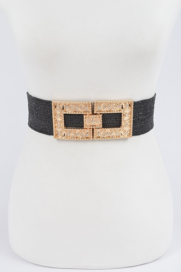 PB8257 BLACK Rhinestone Buckle Stretch Straw Belt. - Fashion Belts