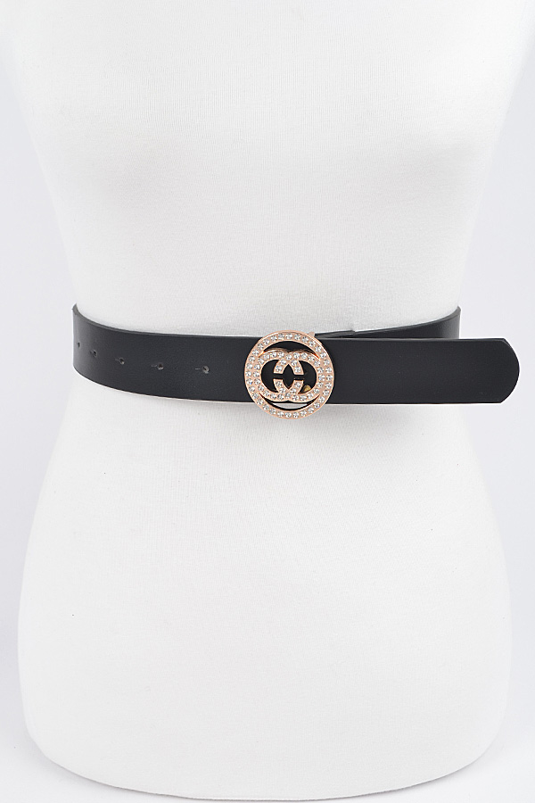 PB8349 BLACK Rhinestone Buckle Belt - Fashion Belts