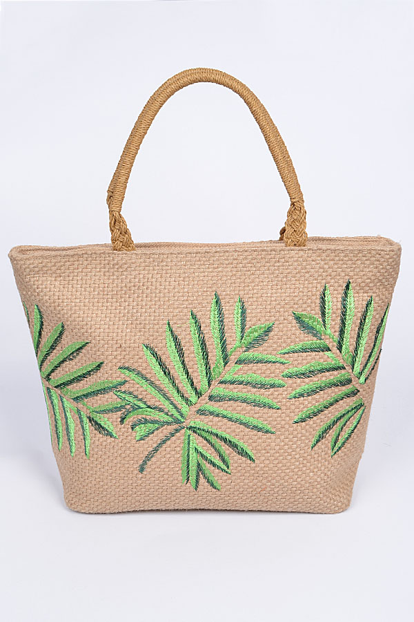 PP7038 KHAKI Straw Palm Tree Print Tote Bag - Fashion Handbags