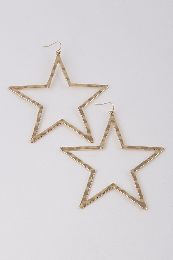 VER3596 GOLD Hammered Star Flat Earrings 9ACE4 - Dangle Earrings