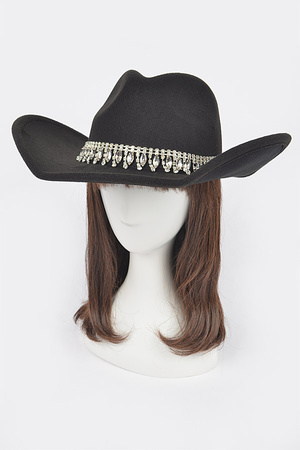 Fringe Rhinestone Faux Wool Cowboy Hat