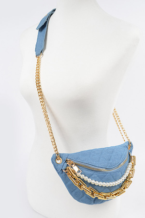 Quilted Multi Chain Layered Denim Clutch