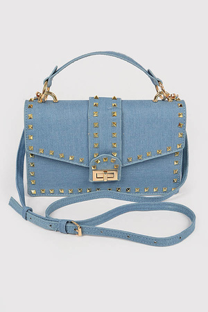 Studded Denim Top Handle Clutch