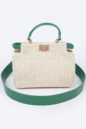 Faux Straw Top Handle Crossbody Bag