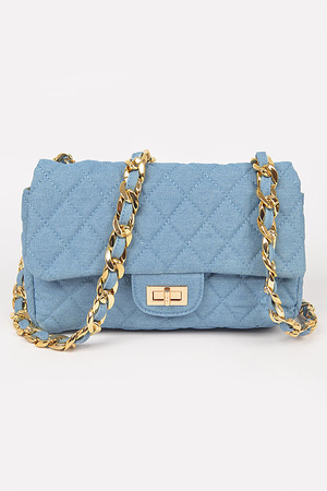 Quilted Denim Shoulder Bag W/Oversized Chain