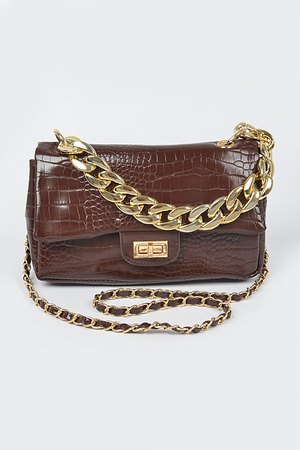 Faux Croc Flap Chain Crossbody Bag