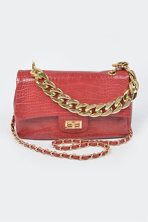 Faux Croc Flap Chain Crossbody Bag