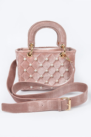 Quilted Velvet Crossbody Bag W/Pearl