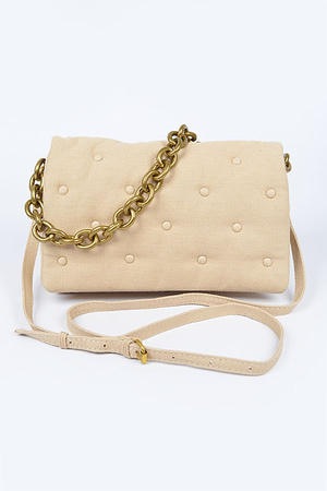 Cotton Canvas Studded Chain Shoulder Bag