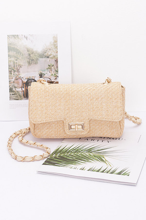 Faux Straw Flap Shoulder Bag