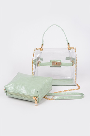 Transparent Handle Bag W/Faux Croc Purse