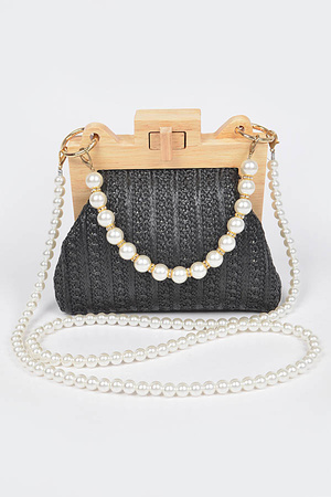 Faux Straw Wood Frame Clutch w/ Faux Pearl Chain