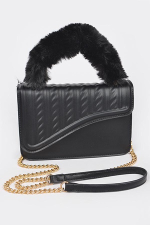 Furry Handle Textured Flap Bag