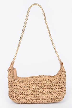 Faux Straw Zip Chain Shoulder Clutch