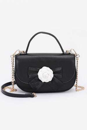 Faux Leather Flower Ribbon Top Handle Flap Bag