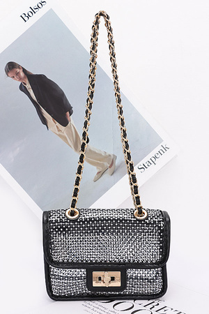 Rhinestone Mesh Flap Shoulder Bag