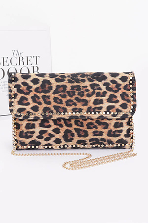 Nylon Leopard Metal Studded Clutch Bag