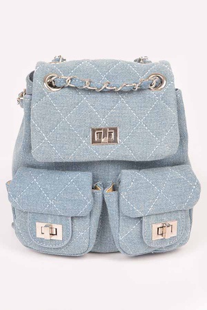 Quilted Denim Double Pocket Front Backpack