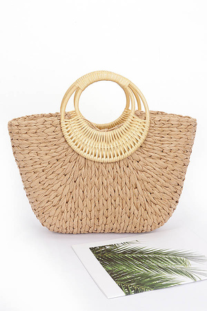 Faux Straw Bamboo Handle Tote Bag