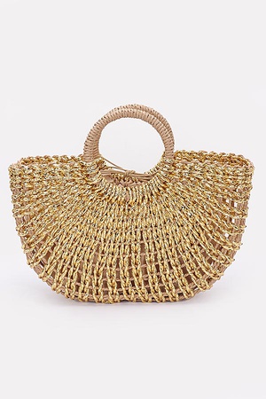 Metallic Faux Straw Tote Bag w/ Pouch