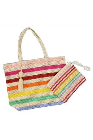 POM POM TASSEL MULTI COLOR STRIPED STRAW CROCHET TOTE BAG