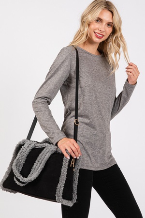 Fleece Trimmed Solid Tote And Crossbody Bag With Adjustable Strap