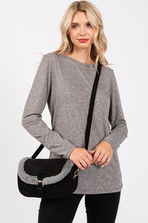 Fleece Trimmed Solid Crossbody Bag With Adjustable Strap