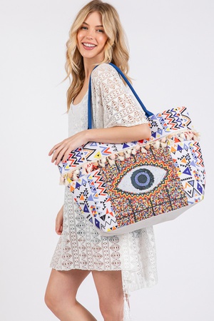 EVIL EYE BOHO PRINT POM POM FRINGE TOTE BAG