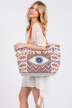 EVIL EYE BOHO PRINT POM POM FRINGE TOTE BAG