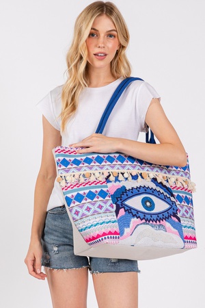 EVIL EYE BOHO PRINT POM POM FRINGE TOTE BAG