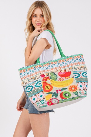 FRUIT BOHO PRINT POM POM FRINGE TOTE BAG