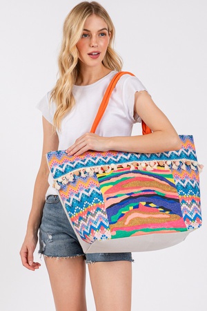 BOHO PRINT POM POM FRINGE TOTE BAG