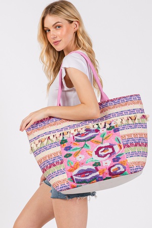 BOHO PRINT POM POM FRINGE TOTE BAG