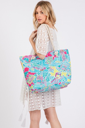 GIRLS PRINT ROPE STRAP TOTE BAG