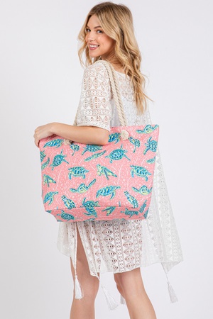 TURTLE PRINT ROPE STRAP TOTE BAG