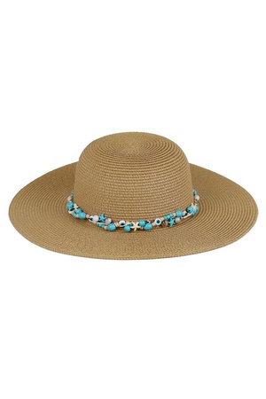 STRAW SUN HAT WITH EVIL EYE, STARFISH AND BEAD BAND