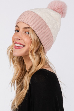 Two Tone Fleeced Pom Pom Beanie