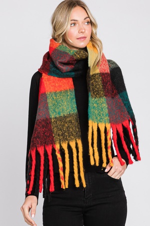 Brushed Multi Color Plaid Scarf With Fringe