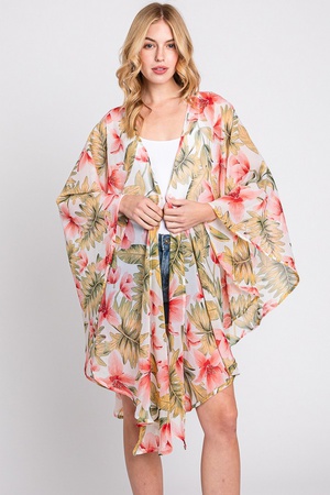 TROPICAL FLOWER LEAVES PRINT SHAWL COVER-UP.