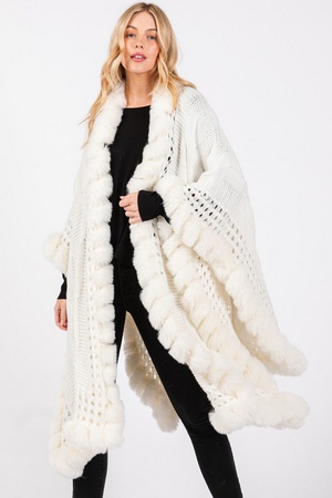 Faux Fur Collar And Trim Cape With Closure