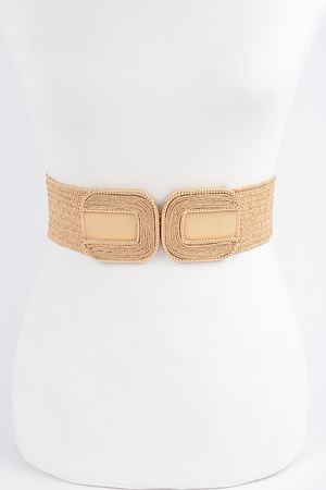 Faux Straw Two Buckles Elastic Belt